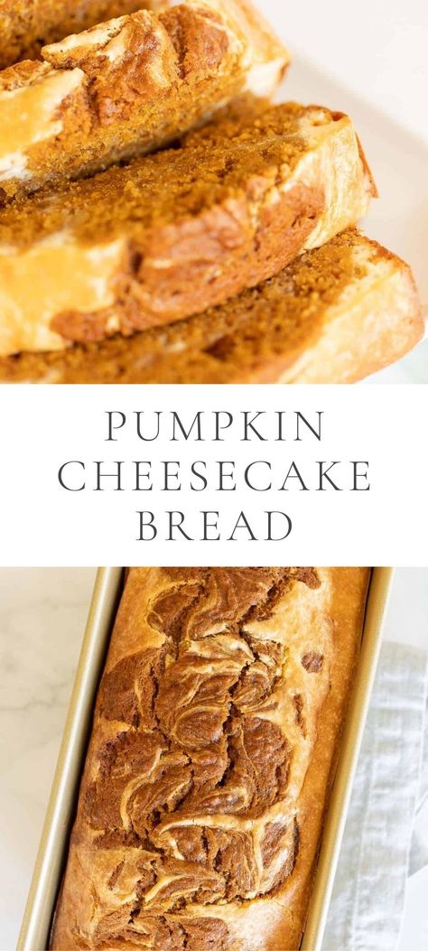 Pumpkin cheesecake bread is an incredible fall treat. Combine everything you love about the soft and fluffy texture of pumpkin bread with a decadent sweet and savory cheesecake filling, and you’ve got the fall dessert of your dreams. Cheesecake Bread Recipe, Pumpkin Cheesecake Bread, Cheesecake Bread, Pumpkin Pound Cake Recipes, Savory Cheesecake, Julie Blanner, Cheesecake Filling, Fluffy Texture, Holiday Dessert