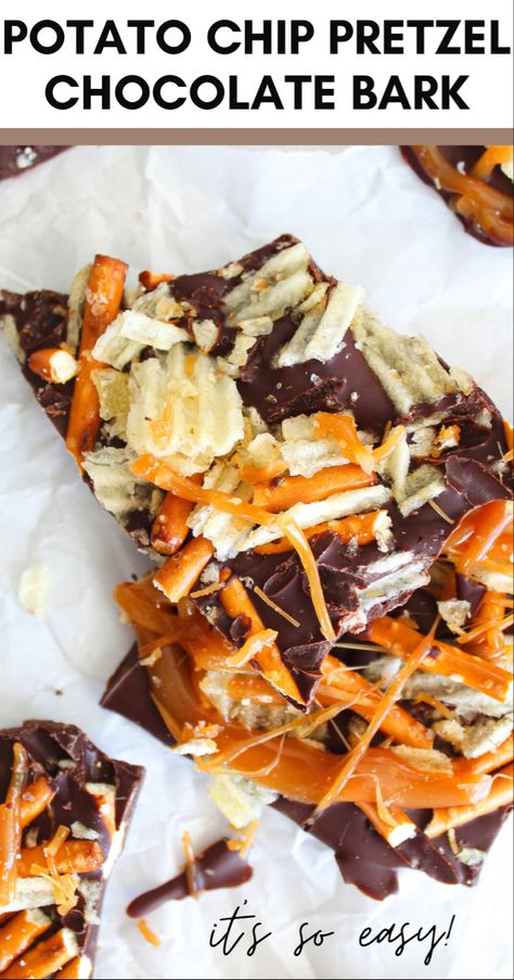 This salty potato chip pretzel chocolate bark is the perfect, easy holiday dessert to keep for yourself or share with loved ones! Made with crunchy potato chips, salty pretzels, smooth chocolate, and rich caramel, this recipe brings together all of your favorite tastes in one easy dessert. #chocolatebark #easyrecipe #christmasdesserts Sweet And Salty Bark, Potato Chip Chocolate Bark, Pretzel Chip Toffee, Potato Chip Dessert Recipes, Sweet And Salty Chocolate Bark, Potato Chip Chocolate Clusters, New Years Candy Ideas, Potato Chip Bark Recipes, Potato Chip Dessert