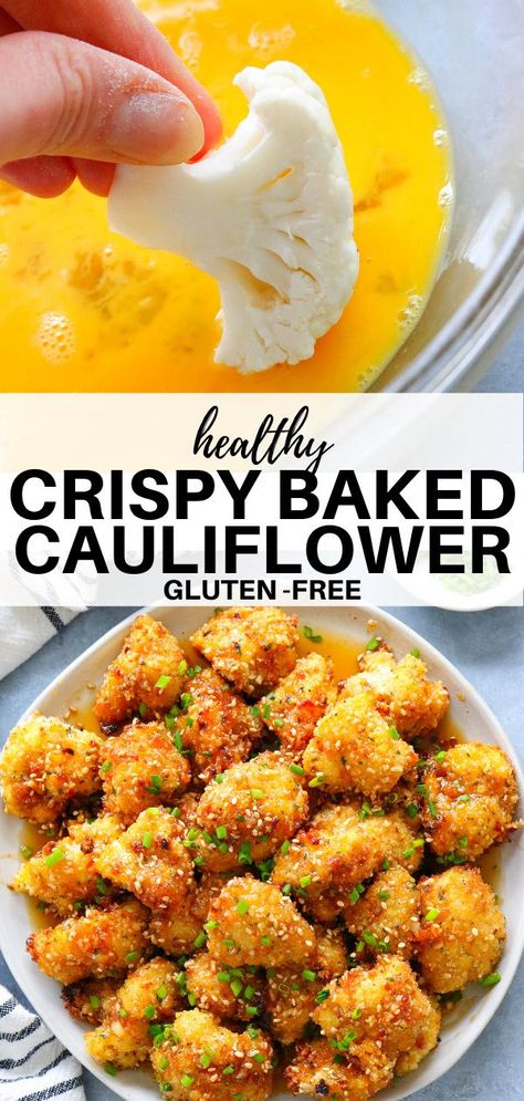 Healthy Crispy Cauliflower, Crispy Califlour, Honey Garlic Baked Cauliflower, Baked Califlour Wings, Cauliflower Recipes Crispy, Cauliflower Baked Recipes, Califlour Wings Recipes, Crispy Parmesan Cauliflower Bites, Oven Cauliflower Wings