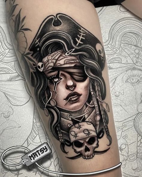 101 Best Pirate Tattoo Ideas You Have To See To Believe! - Outsons Pirate Face Tattoo, Pirate Lady Tattoo, Pirate Tattoo Ideas, Pirate Mermaid Tattoo, Pirate Themed Tattoos, Pirate Tattoo Sleeve, Pirate Girl Tattoos, Traditional Nautical Tattoo, Pirate Skull Tattoos