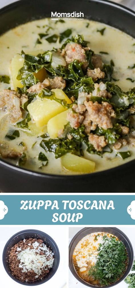 This one-pot zuppa toscana soup has a creamy broth loaded with sausage, potatoes, and kale. It's the Olive Garden copycat recipe we've all been anticipating and craving! Sausage Kale Soup Olive Garden, Olive Garden Potato Soup Recipe, Zuppa Toscana Soup Olive Garden Stovetop, One Pot Zuppa Toscana Soup 12 Tomatoes, Soup Of Toscana, Copycat Zuppa Toscana Soup, Olive Garden Kale And Sausage Soup, Sausage Soup Olive Garden, Olive Garden Sausage And Kale Soup