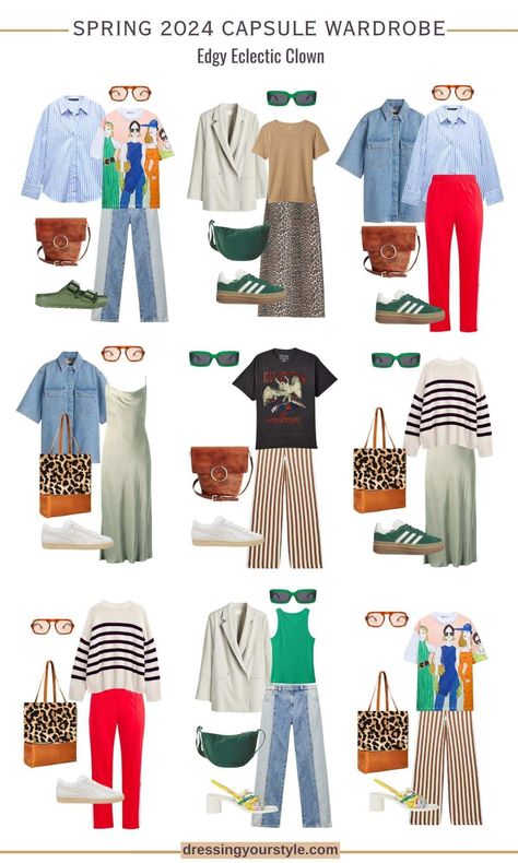 23-Piece Edgy Eclectic Clown Spring Capsule Wardrobe Mix And Match Pattern, Eclectic Style Outfits, Maximalist Capsule Wardrobe, Fun Capsule Wardrobe, Maximalist Summer Outfits, Fun Outfits For Women, Eclectic Outfits For Women, Eclectic Style Clothing, Vintage Reselling