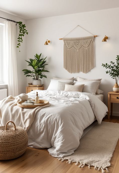 Scandi Boho Decor Boho Scandinavian Bedroom, Bedroom Sanctuary Ideas, Minimal Boho Bedroom, Scandi Boho Living Room, Scandi Kids Room, Dreamcatcher Ideas, Boho Decor Ideas, Boho Entryway, Boho Ideas