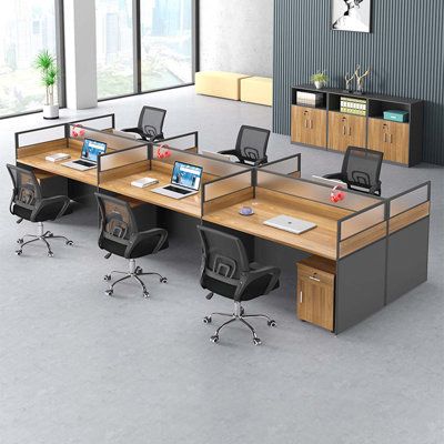 This multi-person desk is the ideal solution for transforming unused space into a productive work environment. | LINK NORTH Rectangle 6 Person Partition Desk, Size 43.31 H x 141.73 W x 47.24 D in | Wayfair Small Office Design Interior, Small Office Design, Workspace Desk, Office Table Design, Modern Office Space, Office Interior Design Modern, Home Office Furniture Sets, Office Space Design, Modern Office Design