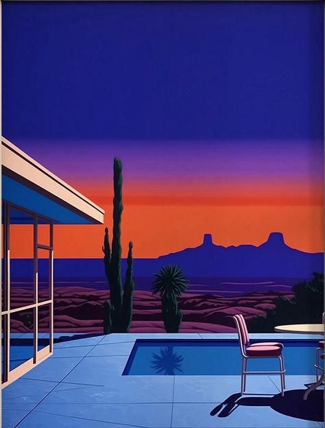 Chill Wave Aesthetic, Hiroshi Nagai Wallpaper Iphone, Hiroshi Nagai Art, 80s Painting Ideas, Hitoshi Nagai, Synthwave Art 80s Style, 80s Architecture, Retro Summer Aesthetic, Saturated Art