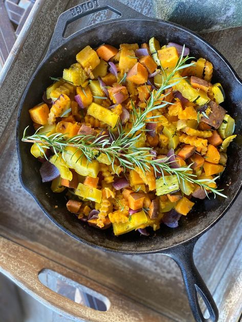 Skillet Roasted Vegetable Recipe Cast Iron Vegetables, Cast Iron Skillet Recipes Dinner Vegetarian, Skillet Vegetables, Roasted Vegetables Cast Iron Skillet, Root Vegetable Recipes, Vegetarian Skillet, Fall Vegetables Recipes, Root Vegetable Stew, Veggie Skillet