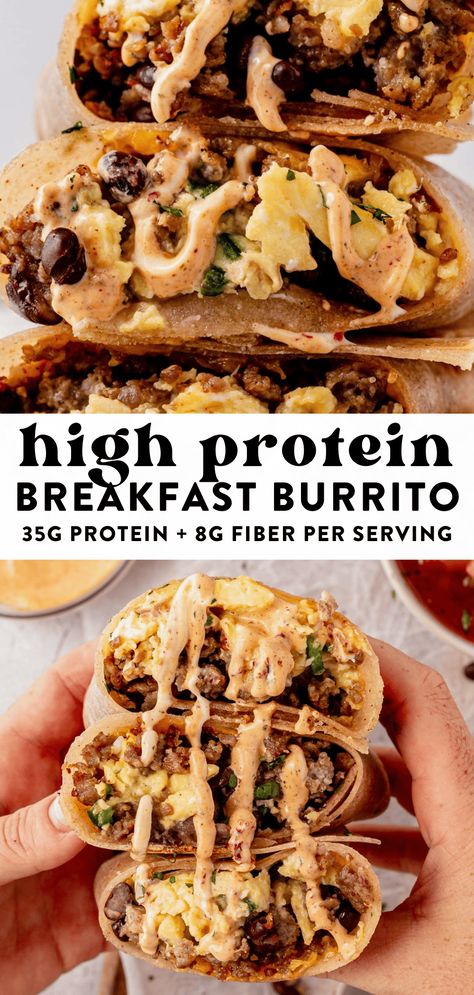 This high-protein breakfast burrito packs 35g of protein per serving and is easy to freeze and meal prep for a quick breakfast. The combination of breakfast sausage, fluffy scrambled eggs, black beans, and cheese makes it the perfect combination to keep you full. Veggie Breakfast Burrito Freezer Meals, Meal Prep Macro Friendly Breakfast, Black Bean Egg Burrito, High Protein Breakfast Sandwich Prep, Breakfast Grab And Go Ideas, Freeze Breakfast Burritos, Lunch Meal Prep High Protein, Protein Breakfast Bowls, Breakfast Meal Prep High Protein