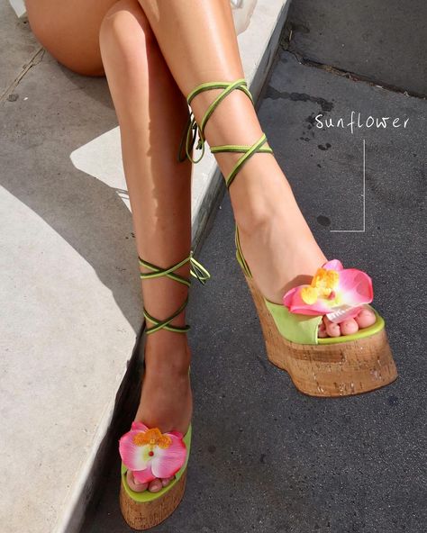 Sunflower 🌺🌺🌺 online exclusive to nakedwolfe.com Flower Heels, Icon Shoes, Cute Wedges, Lace Up High Heels, Sandals Outfit, Platform Wedge Heels, Wedge Heel Sandals, Green Suede, Pretty Shoes