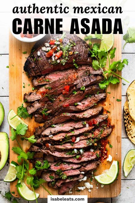 A delicious carne asada recipe made from marinated flank steak or skirt steak and grilled until tender and juicy. A great addition to any Mexican meal, this authentic recipe is made with olive oil, lime juice, garlic, cumin, oregano and other simple ingredients. Best Carne Asada Recipe, Asada Recipes, Dinner With Rice, Authentic Carne Asada Recipe, Carne Asada Grilled, Steak Taco Recipe, Carne Asada Recipe, Carne Asada Marinade, Isabel Eats