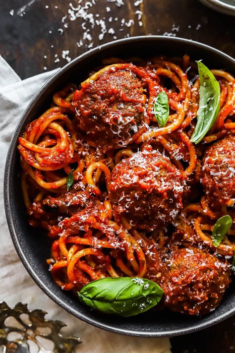 Classic Spaghetti and Meatballs Recipe | So Much Food Basic Meatball Recipe, Basic Meatballs, Spaghetti And Meatballs Recipe, Braised Pork Shoulder, Sausage Parmesan, Perfect Meatballs, So Much Food, Fresh Bread Crumbs, Meatball Sauce