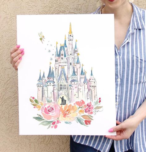 Disney World Castle, Disney Bedrooms, Disneyland Castle, Disney Rooms, Disney Tattoo, Watercolor Feather, Disney Print, Disney Etsy, Disney Wall