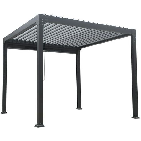 Introducing the Modern Home La Costa 10' x 10' Outdoor Louvered Pergola Patio Sun Shade. Built to last for years of all-weather use. Constructed of 100% Aluminum frame, this Pergola makes a stunning statement in your backyard and provides a cover when raining and an open awning when sunny. The roof is made from aluminum slats that can easily fold the attached handle. This converts the pergola roof from open to closed in seconds. It is ideal for dining under and there is plenty of space within th Architectural Awning, Contemporary Pergola, Patio Sun Shade, Pergola Cover, Pergola Roof, Aesthetic Tropical, Gazebo On Deck, Modern Gazebo, Patio Sun Shades