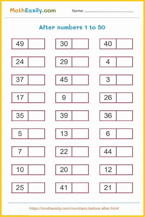 Before and after numbers game online + worksheets Next Number Worksheets, 1 To 50 Numbers Worksheet, After Numbers Worksheet 1-50, What Comes After Worksheets, 1 To 50 Worksheets, Missing Numbers 1-50 Worksheets, After Numbers Worksheet, Before Number Worksheet, Before And After Numbers Worksheets