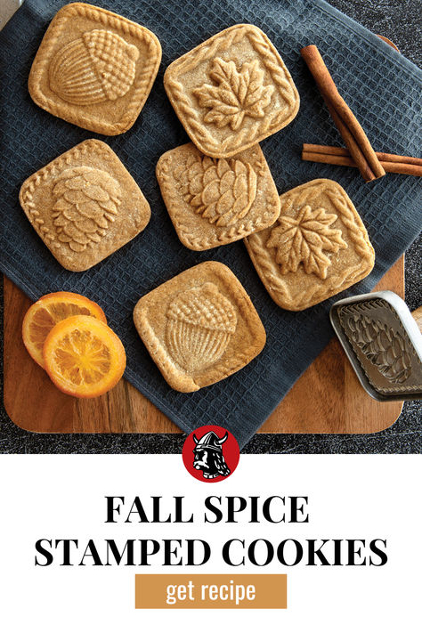 Fall Spice Stamped Cookies, get recipe! Six square stamped cookies with fall designs stamped into them on a blue napkin next to the pinecone design of the Nordic Ware Fall Forest Springerle Cookie Stamp. Surrounding the cookies there are orange slices and cinnamon sticks. Nordic Cookie Stamps, Shortbread Cookies Stamped, Best Cookie Recipe For Stamping, Cookie Stamp Cookies, Brown Sugar Shortbread Cookies, Stamped Cookies Recipe Holidays, Springerle Cookies Recipe, Stamped Shortbread Cookie Recipe, Stamped Cookies Recipe