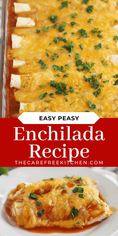 These Red Chicken Enchiladas are filled with a mixture of tender rotisserie chicken, cream cheese and green chilis, then slathered in red enchilada sauce and melted cheese. They are super simple, perfect for meal prep, and totally delicious. These Chicken Enchiladas are a quick and easy family dinner recipe! Red Chicken Enchiladas, Rotisserie Chicken Enchiladas, Cream Cheese Enchiladas, Green Chicken Enchiladas, Family Dinner Recipe, Southwest Recipes, Chicken Enchiladas Recipe, Easy Family Dinner, Chicken Enchiladas Easy