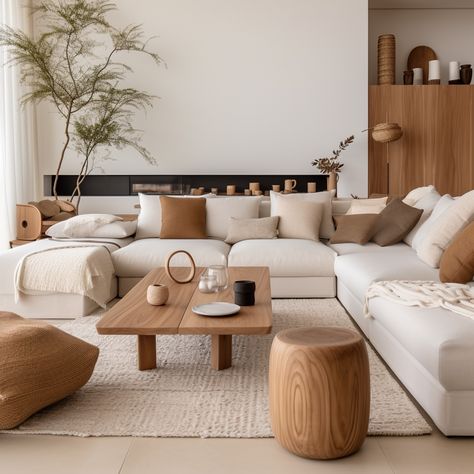 Modern Japandi living room, natural wood, beige and tan accents, living tree. Japandi Interiors Living Room, Living Room Japandi, Japandi Living Room, Japandi Interiors, Japandi Living, Bantal Sofa, Beige Living Rooms, Casas The Sims 4, Living Room Design Inspiration