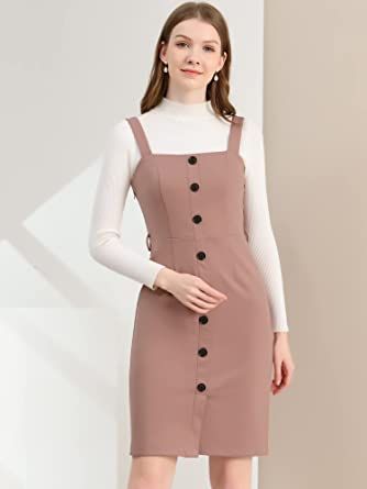 Amazon.com: Allegra K Women's Jumper Dress Button Front Bow Tie Waist Slim Fit Bib Overall Pinafore Dress : Clothing, Shoes & Jewelry Pink Pinafore Dress, Pinafore Dress Outfit, Vintage Winter Outfits, Button Decor, Vintage Winter, Korean Dress, Sweater Dress Midi, Bodycon Fashion, Pinafore Dress