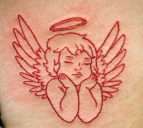 #tattoo #angel #baby American Traditional Angel Wings, Red Ink Angel Tattoo, Baby Angles Tattoos, Mini Angel Tattoo, Red Angel Tattoo, Angel Halo Tattoo, Cute Devil Tattoo, Traditional Angel Tattoo, Angel Baby Tattoo