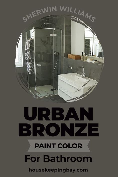 Urban Bronze in a Bathroom by Sherwin Williams. The bathroom is another place where a bronze palette will look very luxurious. Competently combining colors, you can create both a gently enveloping and fresh-cool interior. For the fans of solid-strict bathrooms will like the bright combination of dark brown with sparkling snow-white. Learn more about Urban Bronze in a Bathroom by Sherwin Williams in our Experts' Blog! Urban Bronze Bathroom Cabinets, Paint Color For Bathroom, Brown Bathroom Paint, Bronze Paint Color, Trim Color Ideas, Color For Bathroom, Urbane Bronze Sherwin Williams, Bronze Color Palette, Bronze Color Scheme