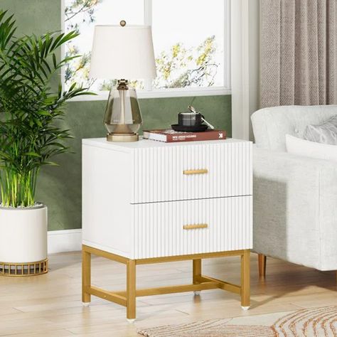 Everly Quinn Mykhel Steel Nightstand | Wayfair Iron Nightstand, White And Gold Nightstand, Gold Nightstand, Textured Panels, Modern Bedside Table, White Nightstand, 2 Drawer Nightstand, Side Table With Storage, Modern Nightstand