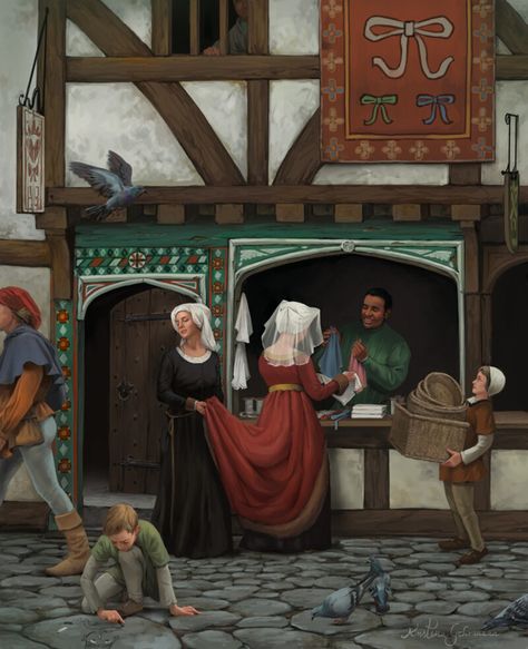 ArtStation - Medieval shop, Kristina Gehrmann Medieval Germany, Haberdashery Shop, Themed Illustrations, Medieval Life, Medieval Houses, Medieval World, Hamburg Germany, Skyfall, Medieval Town