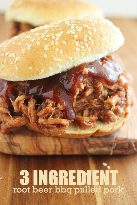 3-Ingredient Root Beer BBQ Pulled Pork Root Beer Pulled Pork, Pulled Pork Crock, Beer Pulled Pork, Crock Pot Pulled Pork Recipe, Pork Crockpot Recipes, On A Bun, Pulled Pork Sandwiches, Pork Sandwiches, Crockpot Pulled Pork