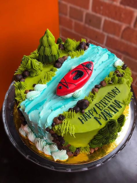 Hiking Cake Ideas, Outdoors Birthday Cake, Canoe Cake, 10th Birthday Cakes For Boys, River Cake, Happy Birthday Marina, Kayak Cake, Hiking Cake, 21st Birthday Cake For Guys