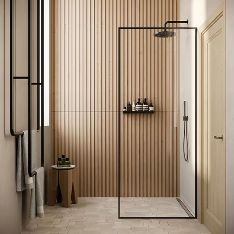 Nobu Ribbon Miel Brown 24x48 Wood Look Matte Porcelain Tile | Tilebar.com Modern Wood Tile Shower Ideas, Wood Tile Master Bath, Bamboo Tiles Bathroom, Wood Like Tile Shower Walls, Ribbon Tile Shower Wall, Wood Look Shower Tile, Wood Tile Shower Wall, Shower Wood Tile, Wood Tiles Bathroom