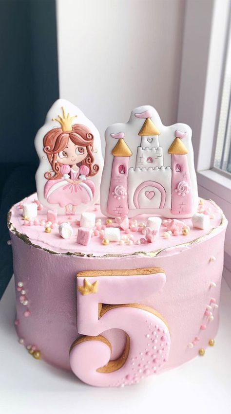 Pretty Cake Ideas For Every Celebration : Princess Pink 5th Birthday Cake Pink Birthday Cake For Girls Kids, Princess Pink Cake, Princess Cakes Ideas Girl Birthday, Pink Princess Birthday Cake, Girls Birthday Cakes Princess, Frozen Cake Designs, Pretty Cake Ideas, Fairy Castles, Pink Princess Cakes