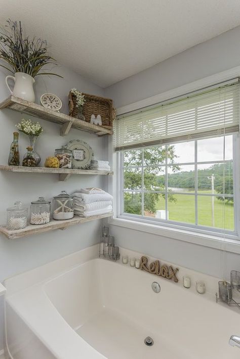 Shelves Above Free Standing Bathtub, Farmhouse Soaker Tub Decor, Sunken Tub Decor Ideas, Bathroom Shelves Over Bathtub, Built In Tub Decor, Bathroom Shelves Behind Tub, Bathroom With Separate Shower And Tub Decor, Big Tub Master Bath Decor, Around The Bathtub Decor Ideas