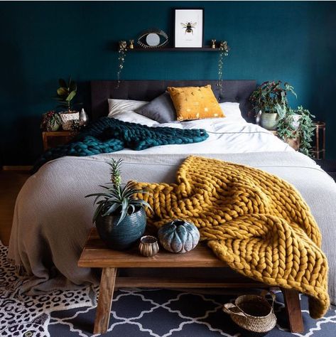 Jan Skácelík on Instagram: “Beautiful and moody bedroom of @everydeco - I love the mustard color here against the dark green wall . . 🖼✨@janskacelikart  is still…” Design Ložnic, Moody Bedroom, Sleeping Room, Green Walls, Knit Throw, Dark Wall, Made Of, Room Kids, Bedroom Green