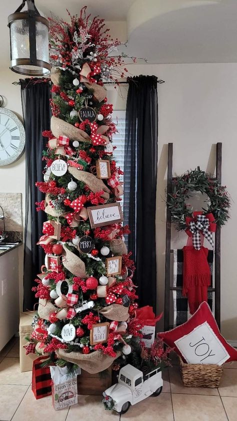 Christmas Farmhouse Tree Ideas, Adams Family Christmas Tree, Mens Christmas Tree Ideas, Pencil Tree Ideas Christmas, Decorated Pencil Christmas Trees Ideas, Pencil Trees Christmas, Christmas Pencil Tree Ideas, Flocked Pencil Christmas Tree Decorated, Pencil Tree Decorating Ideas Farmhouse