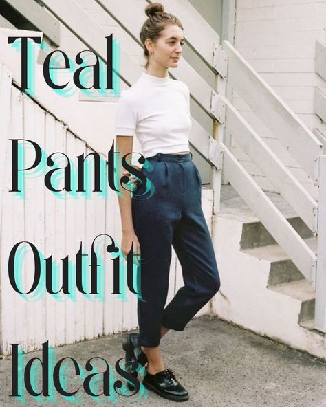 31 Teal Outfits For A Colorful Trend - ljanestyle How To Style Teal Pants, Teal Green Pants Outfit, How To Wear Teal Pants, Teal Blue Pants Outfit, Goucho Pants Outfits 2022, Outfits With Teal Pants, What To Wear With Teal Pants, Dark Teal Pants Outfit, Teal Joggers Outfit