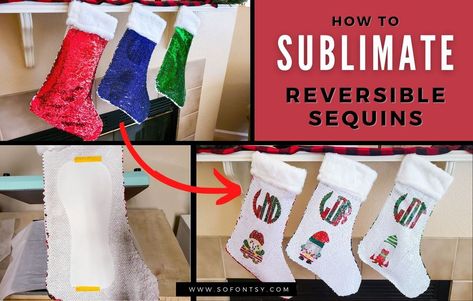 This step-by-step tutorial will show you how to sublimate on sequins. We are using sequined stockings but you can easily adapt this to pillows or any other sequined material.       Print out your design with your sublimation printer. Be sure to mirror the design before printing. We used the Sawgrass SG1000 because you can print on 11 x 17 inch sublimation paper which means we could print three of these oversized designs at one time.     The monograms and the adorable gnome designs come from the Gnome Designs, Sublimation Printer, Cricut Tutorials, Sublimation Paper, Svg Designs, Font Bundles, Monogram Letters, Free Svg, Svg Design