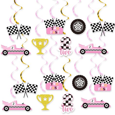 PRICES MAY VARY. 🚗Great Two Fast Race Car Party Decoration - Decorate and accessorize your loved one's birthday with these 2 fast race car decoration kit. This decoration kit will complete your racing theme party decorations. Great as wall decor in a car lover's bedroom too.Pink race car party theme makes your party more special. 🚗No Need to Assemble & Easy to Hang - This race car two fast hanging swirls comes with pre-strung and already assembled, super easy to use and saving your much time, Pink Race Car Birthday Party Ideas, 2 Fast Birthday Party Girl, Two Fast Two Curious Birthday Party Girl, Growing Up Two Fast Birthday Girl, Two Fast Birthday Girl, 2 Fast Birthday Party, Car Party Theme, Racing Theme Party, Two Fast Party