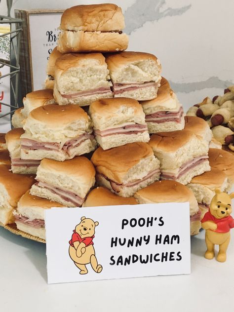 Winnie Pooh Themed Food, Winnie The Pooh Table Cloth, Winnie The Pooh Party Foods, Winnie The Pooh First Birthday Food Ideas, Winnie The Pooh Sandwiches, Winnie The Pooh Menu Ideas, Winnie The Pooh Gender Reveal Theme, Winnie The Pooh Themed Food Ideas, Winnie The Pooh Snacks Parties Food