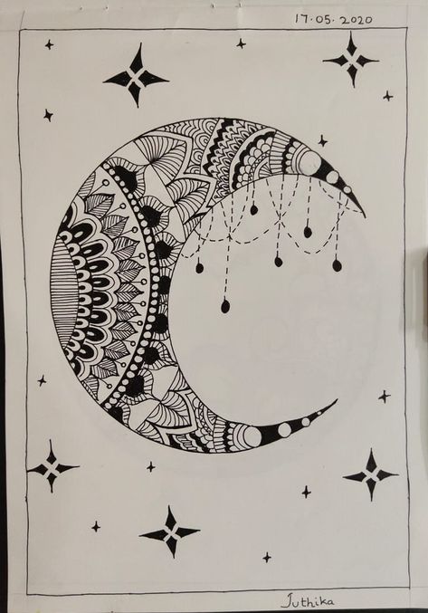 My first zentangle - Half moon How To Draw Half Moon, Half Moon Sketch, Half Moon Drawing, Half Moon Mandala, Moon Mandala Art, Moon Zentangle, Half Moon Art, Mandala Work, Ramadan Calendar