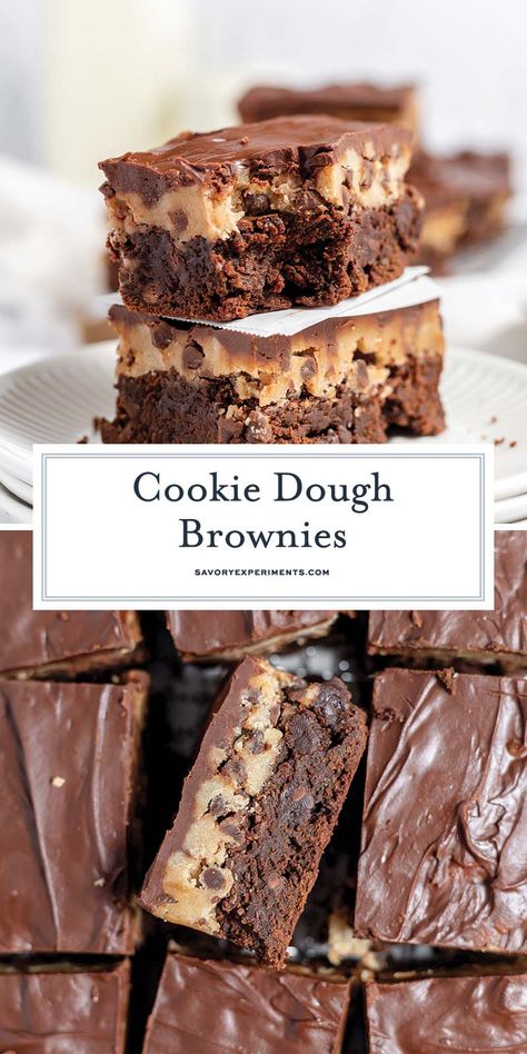 These incredible Cookie Dough Brownies combine irresistible cookie dough with rich chocolate brownies and a decadent chocolate topping! Cookie Dough Stuffed Brownies, Easy Desserts With Cookie Dough, Cookie Dough Pie Recipe, Leftover Brownies Ideas, Cookie Dough Brownies Recipe, Brownies With Toppings, Specialty Brownies, Light Desserts Recipes Healthy, Cookie Dough Ideas