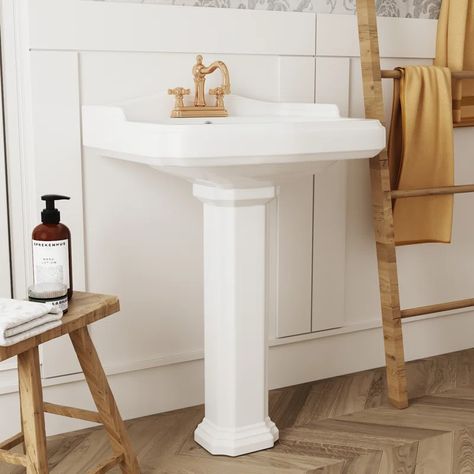 DeerValley Dynasty 26 3/4" Tall White Vitreous China Rectangular Pedestal Bathroom Sink With Overflow & Reviews | Wayfair Vintage Pedestal Sink, Bathroom With Pedestal Sink, Marble Bathroom Sink, Pedestal Sink Bathroom, Rectangular Bathroom Sink, Console Bathroom Sink, Pedestal Bathroom Sink, Rectangular Bathroom, Rectangular Sink Bathroom