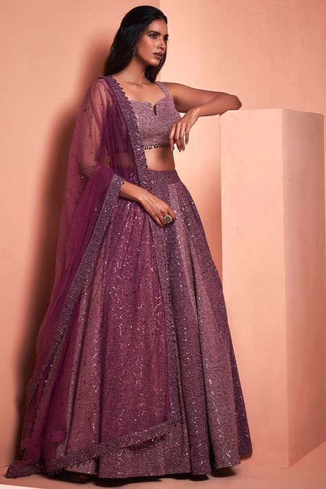 Featuring a purple ombre lehenga in lycra base with sequins, glass beads, and glass drops embroidery. It is paired with a matching blouse and a dupatta.  FIT: Fitted at bust and waist. COMPOSITION: Lycra. CARE: Dry clean only. Modern Lehangas, Lehenga Purple, Oh My Dress, Asian Bridal Wear, Purple Lehenga, Engagement Lehenga, Leg Mehndi, Work Lehenga, Indian Designer Suits