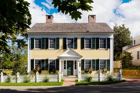 Edgartown Massachusetts, Yellow House Exterior, Patrick Ahearn Architect, Patrick Ahearn, Greek Revival Architecture, Colonial House Exteriors, Historic Restoration, Colonial Exterior, Revival Architecture