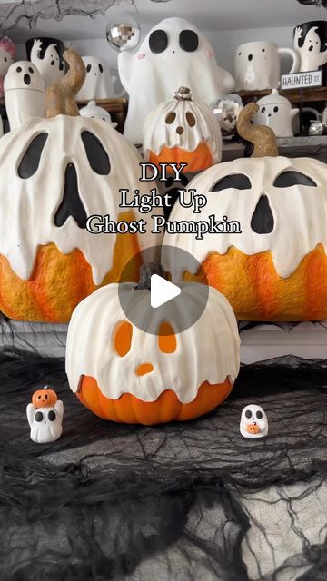 Intheworkplace on Instagram: "DIY light up Ghost Pumpkin! Part II! YouTube video coming Sunday, September 1st at 6:00pm PST! Start spooky season off with a fun activity! 👻🎃🖤 Tag me if you try it out! 

Supplies:
Carvable Pumpkins/Foam Pumpkins
Air dry clay
Rolling pin
Paint
Sanding paper

Instructions:
- Lightly sand (with proper ppe and in a well ventilated area your pumpkin, this will allow for the clay to stick better
- cut out pumpkin face
- roll out air dry clay, add water as needed but not too much; consistency should be almost playdough like!
- trace and cut out your sheet (make sure it’s a thick enough piece to be able to press inward for eyes and mouth)
- add clay and cut hole for pumpkin stem
- create your draping, how you want it to look and smooth it out using water (don’t u Pumpkins For Halloween Ideas, Cute Halloween Air Dry Clay Ideas, Diy Ghost Pumpkin, Foam Pumpkin Makeover, Plaster Halloween Crafts, Diy Air Dry Clay Fall, Diy Air Dry Clay Halloween, Air Clay Pumpkin, Foam Pumpkins Crafts