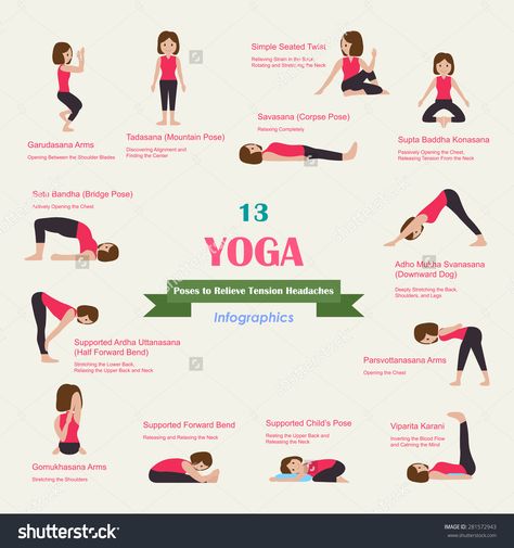 Yoga Workout For Beginners, Yoga For Headaches, Yoga For Migraines, Relieve Tension Headache, Yoga Cartoon, Downward Dog Pose, Fat Burning Yoga, Yoga Daily, Info Graphics