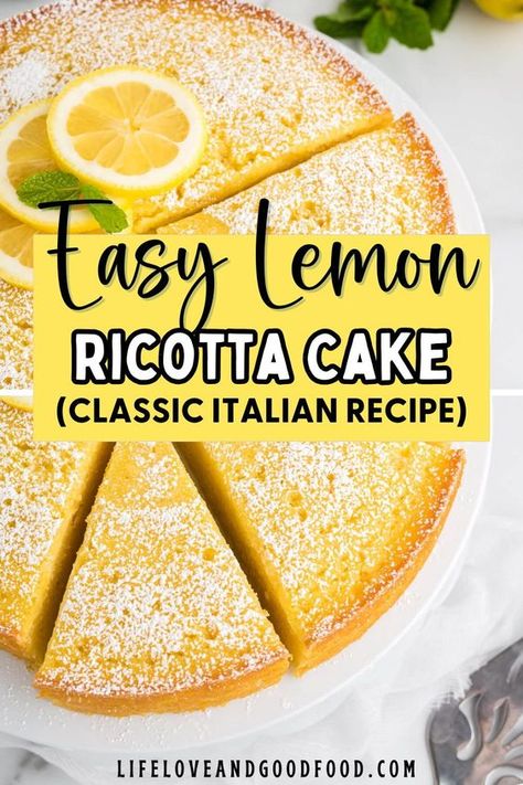 Lemon Ricotta Cake is an Italian dessert with refreshing citrus notes, a light, fluffy texture, and ricotta cheese to keep it rich and moist. It’s much like a classic lemon cake, but a little less sweet and far more flavorful! This unique cake recipe may sound intimidating. However, it is super easy to make and uses just a few basic ingredients. Italian Ricotta Cake, Italian Cakes Traditional, Italian Lemon Ricotta Cake, Lemon Ricotta Cake Recipes, Ricotta Dessert, Ricotta Cake Recipes, Lemon Ricotta Cake, Healthy Italian Recipes, Ricotta Cheese Recipes