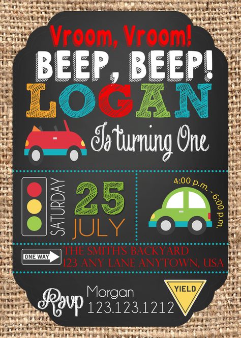 Cute little cars birthday invitation Transportation Invitation, 1st Birthday Boy Themes, Transportation Birthday Party, Transportation Birthday, Cars Birthday Invitations, Car Birthday Theme, Race Car Birthday Party, Second Birthday Ideas, Car Theme