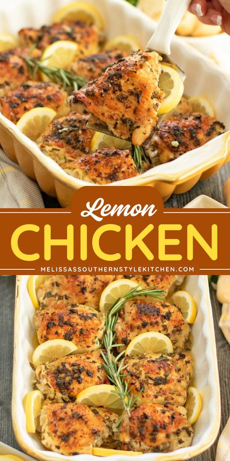 This baked Lemon Chicken is a quick and simple dish that combines the bright, tangy citrus taste of lemon with the savory flavor of fresh herbs and garlic. Serve it over mashed potatoes, with a side of pasta or rice to soak up the flavorful sauce. Lemon Chicken Recipe Pasta, Baked Lemon Garlic Chicken, Easy Lemon Chicken Recipe, Baked Lemon Chicken, Lemon Chicken Pasta, Chicken Lemon, Over Mashed Potatoes, Easy Mashed Potatoes, Side Dishes For Chicken