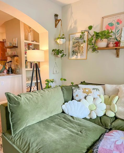 Pink And Green Living Room Aesthetic, Pink Green Living Room Ideas, Green And Pink Aesthetic Room, Living Room Green And Pink, Flower Themed Living Room, Pink Green Apartment, Pink Green Home Decor, Light Green Couch Living Room Ideas, How To Make A Small Living Room Look Big