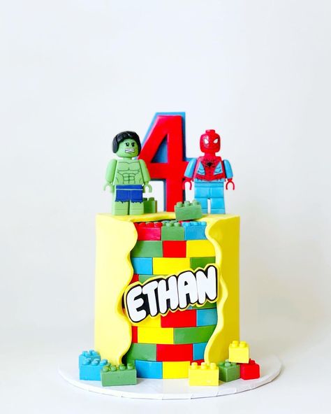 MATAMIESE CAKES on Instagram: “Another fun one from the weekend! 🥳Created a couple of superheroes from fondant for this Lego themed cake. #cake #birthday #fondant…” Lego Roblox Birthday Party, Cake With Different Themes, Marvel Lego Cake, Lego Cake Ideas Boys, Lego Birthday Cake For Boys, Lego Cakes For Boys, Lego Superhero Cake, Zayn Birthday, Lego Cake Ideas