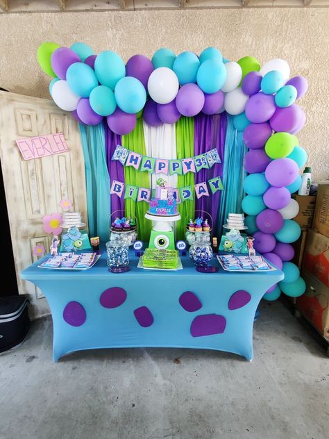 Monsters Inc One Year Birthday, Monsters Inc Birthday Party Backdrop, Monsters Inc Backdrop Party Ideas, Monsters Inc Birthday Food Ideas, Monster Inc Table Center Piece, 1st Birthday Monsters Inc, Monsters Inc Table Decorations, Our Boo Is Turning Two Monsters Inc, Monsters Inc Dessert Table