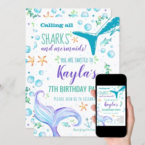 Sharks And Mermaids, Mermaids Birthday Party, Shark Birthday Invitation, Combined Birthday Parties, Mermaid Birthday Party Invitations, Shark Birthday Invitations, Mermaid Invitations, Shark Birthday Party, Pool Birthday